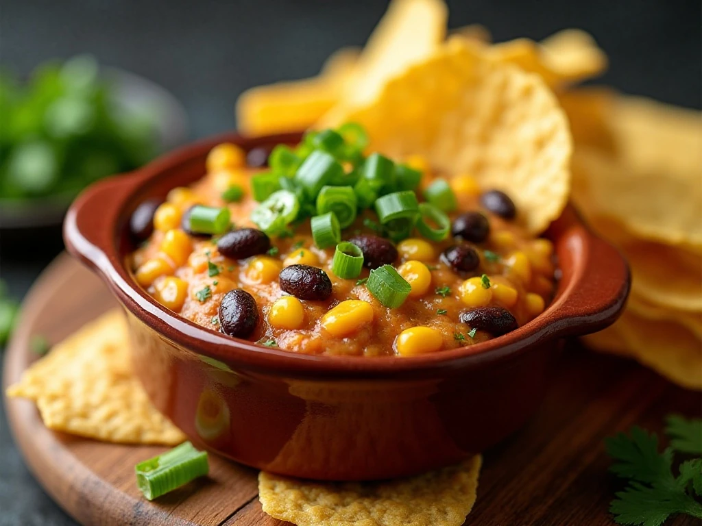 Corn and black bean dip party platter with tortilla chips