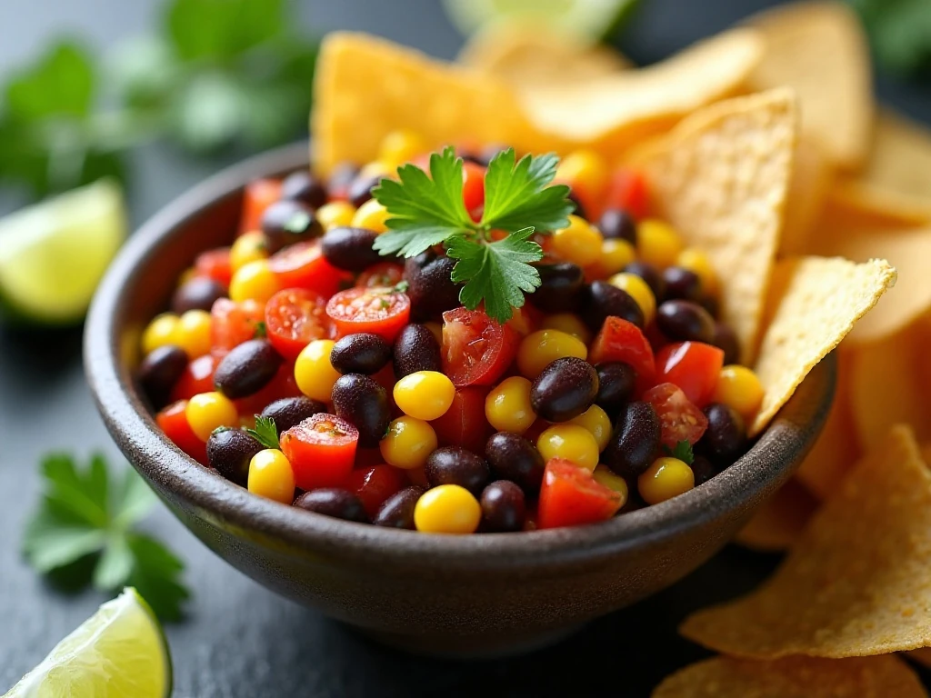 Colorful corn and black bean salsa served with tortilla chips