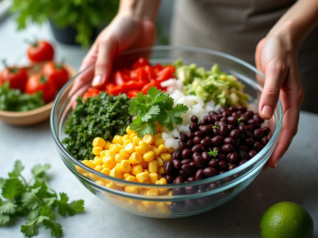 Mixing ingredients for corn and black bean salsa