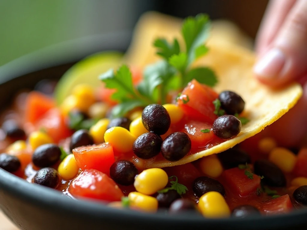 Tortilla chip topped with corn and black bean salsa