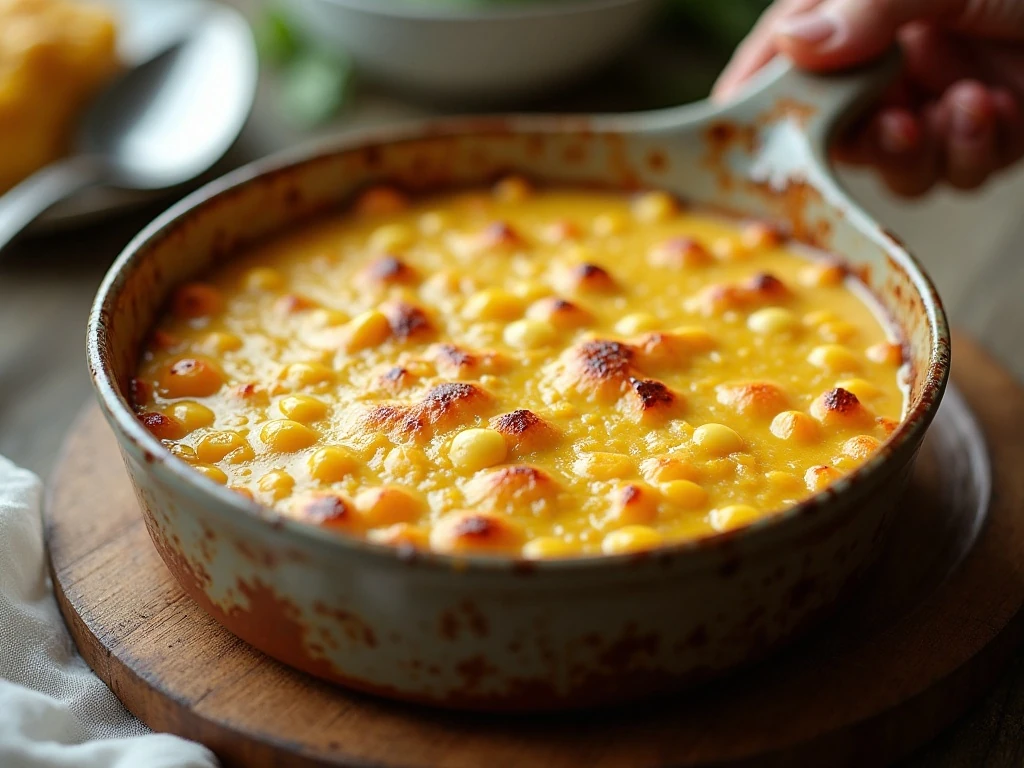 Golden creamy corn casserole ready to serve for dinner