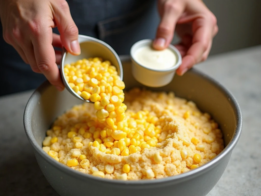 Mixing ingredients for creamy corn casserole