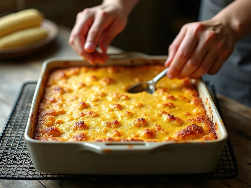 Baked corn casserole with a lightly golden set top
