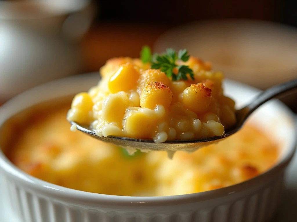 Close-up serving of creamy corn casserole with tender corn kernels
