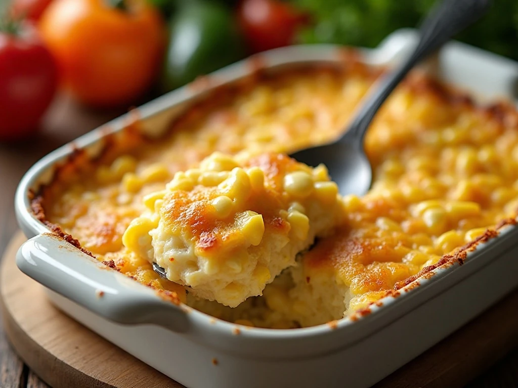 Warm serving of easy corn casserole with a golden top