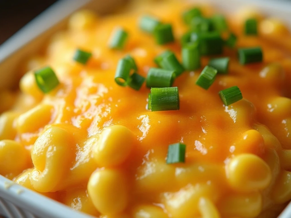 Corn casserole with optional cheddar and green onion garnish