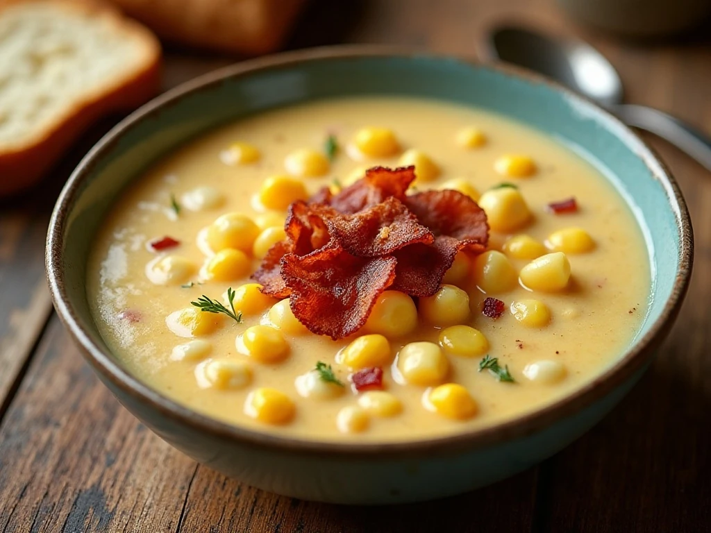 Bowl of creamy corn chowder with bacon and potatoes