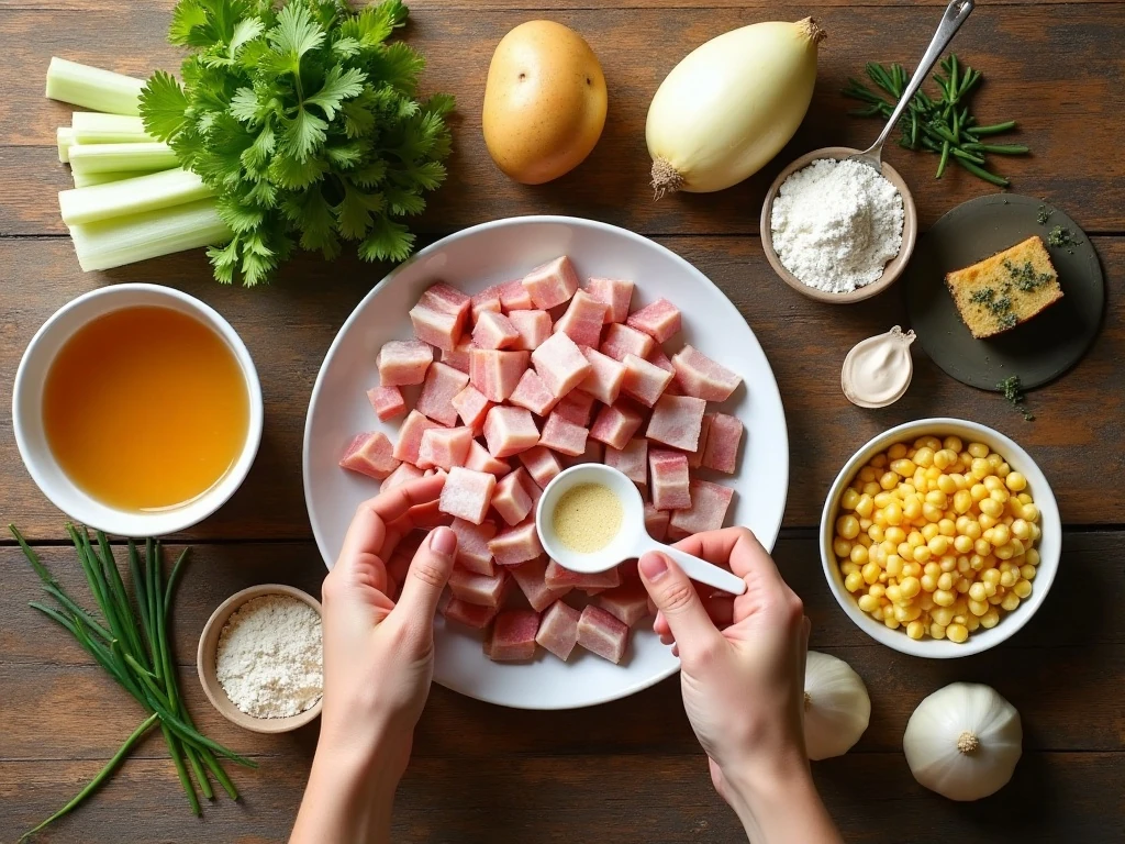 Ingredients for creamy corn chowder with bacon