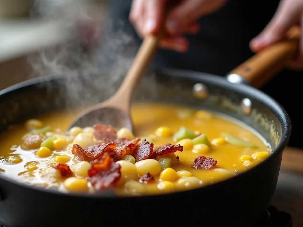 Corn chowder simmering in a Dutch oven