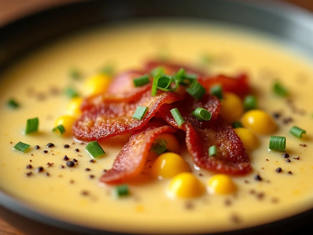 Crisp bacon and chive garnish on corn chowder