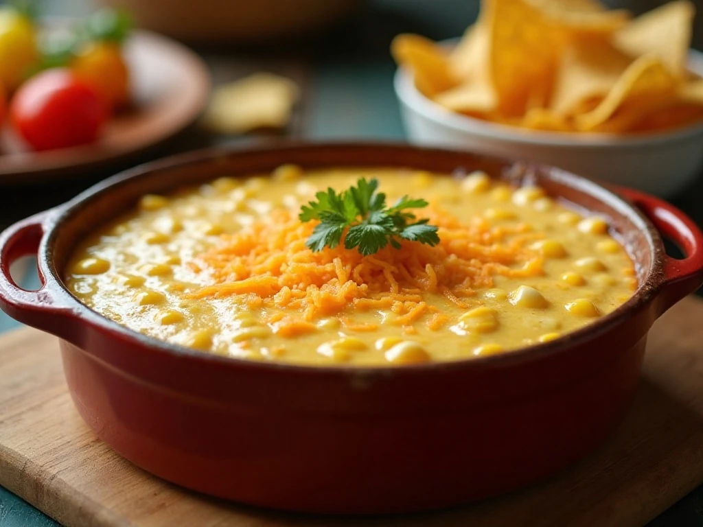 Bubbling creamy corn dip served with tortilla chips and vegetables
