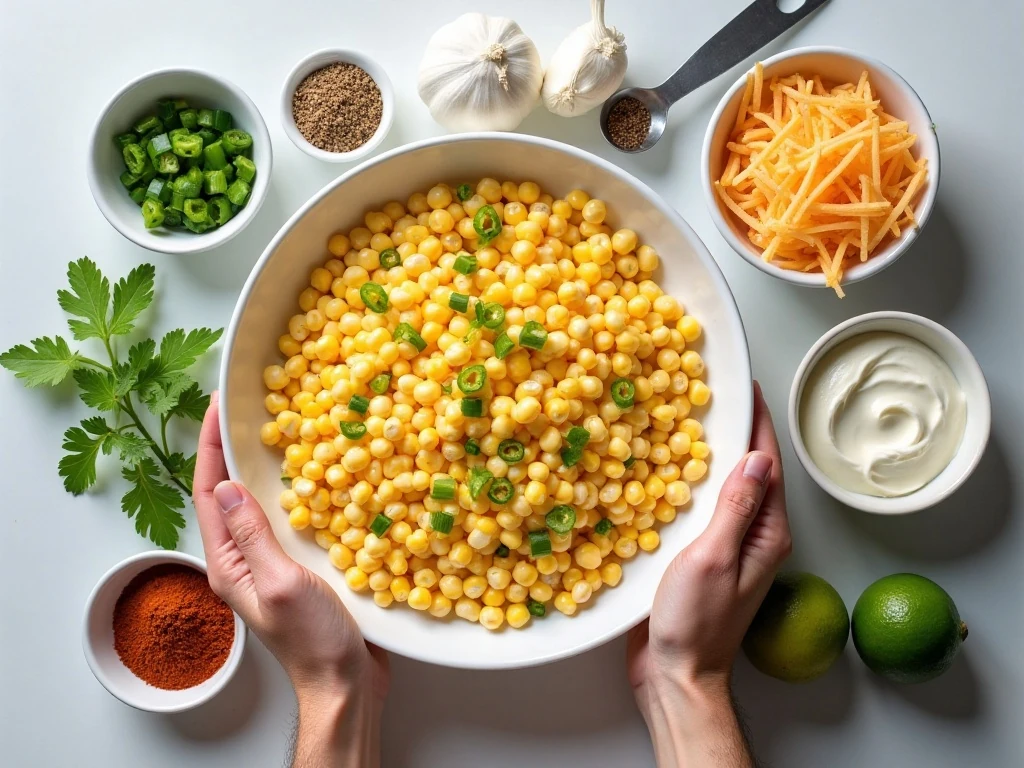 Ingredients for creamy baked corn dip arranged in a flat lay