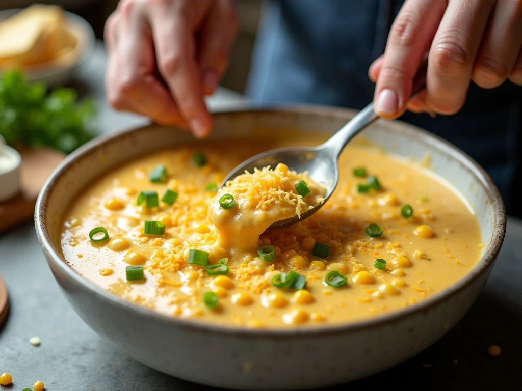 Corn dip mixture being combined with cheese, jalapeño, garlic, and corn