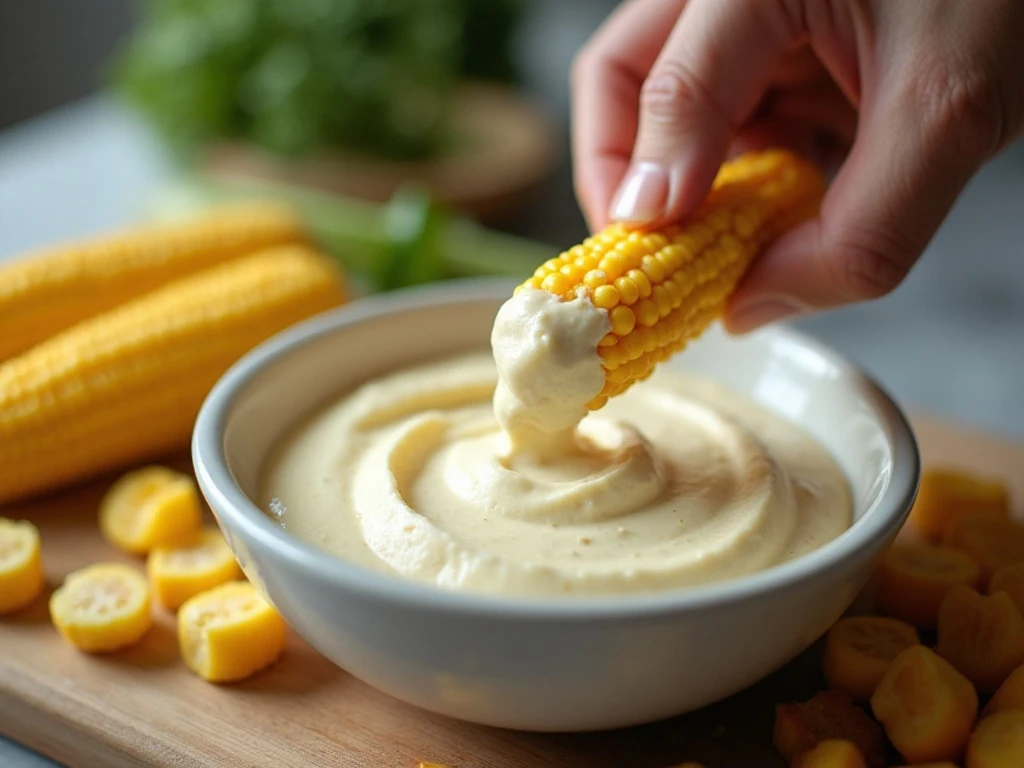 Dry corn and softened cream cheese prepared for a smooth corn dip