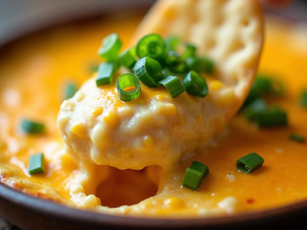 Close-up of creamy corn dip topped with green onions and cilantro