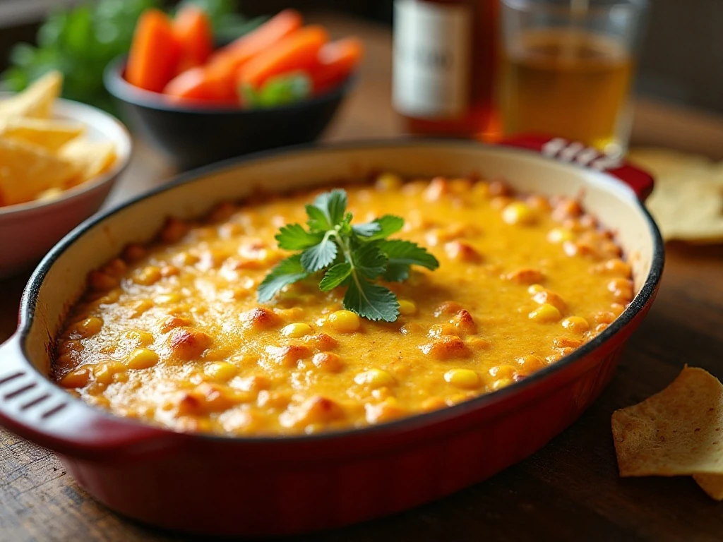 Warm cheesy corn dip surrounded by tortilla chips and fresh vegetables