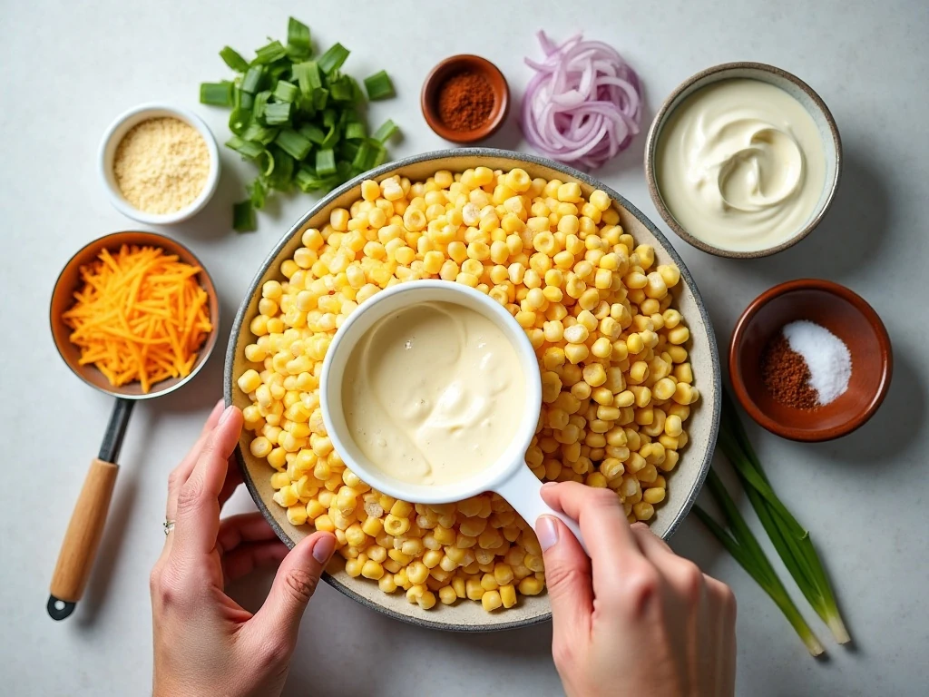 Ingredients for homemade creamy corn dip arranged in a flat lay