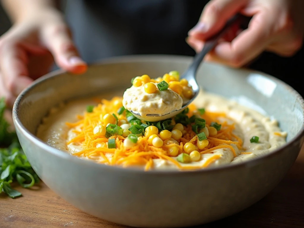 Mixing corn and cheese into the creamy dip base