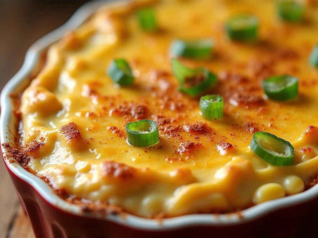 Close-up of golden cheese topping and green onion garnish on corn dip