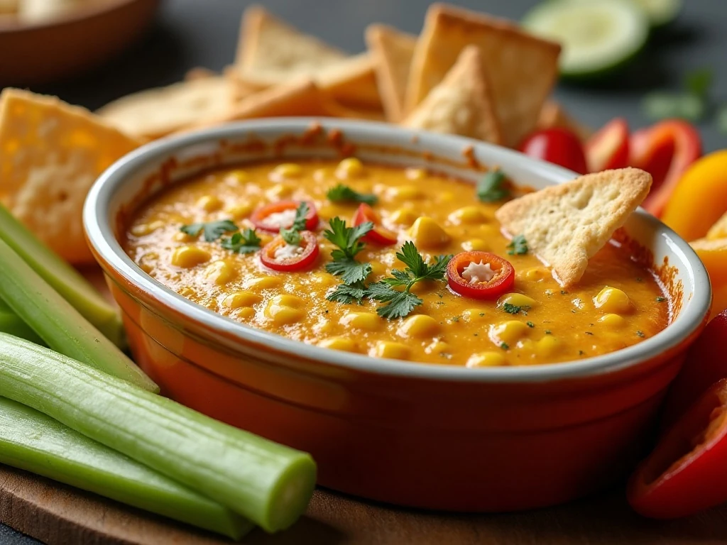 Corn dip served warm with chips, bread, crackers, and vegetables