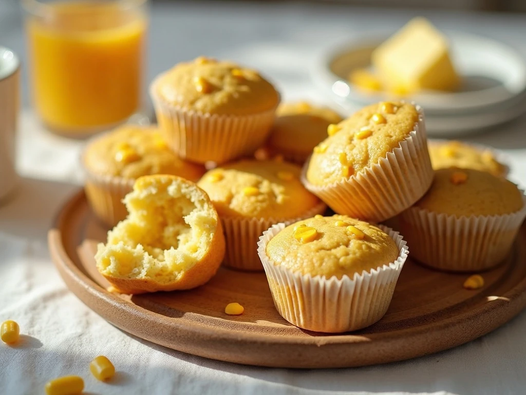 Golden corn muffins made with real corn arranged on a breakfast platter