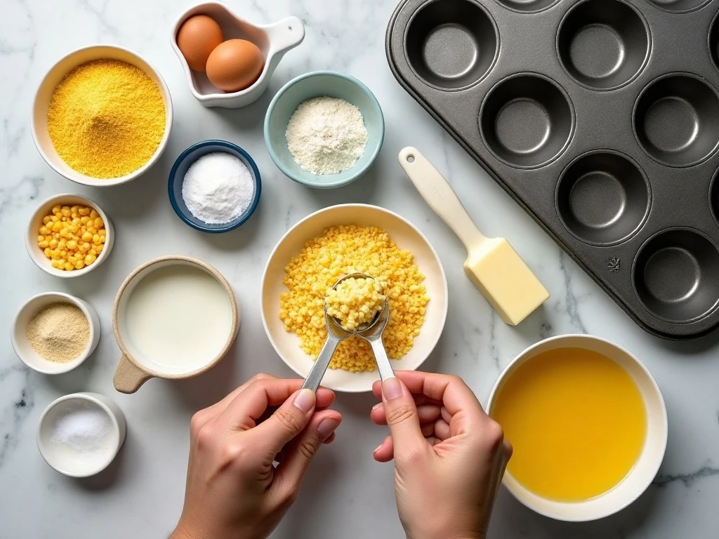 Ingredients for corn muffins with fresh or frozen corn kernels