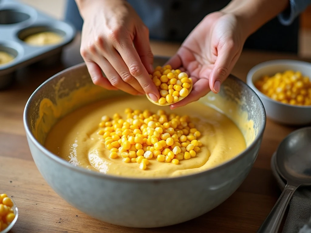 Folding real corn kernels into corn muffin batter