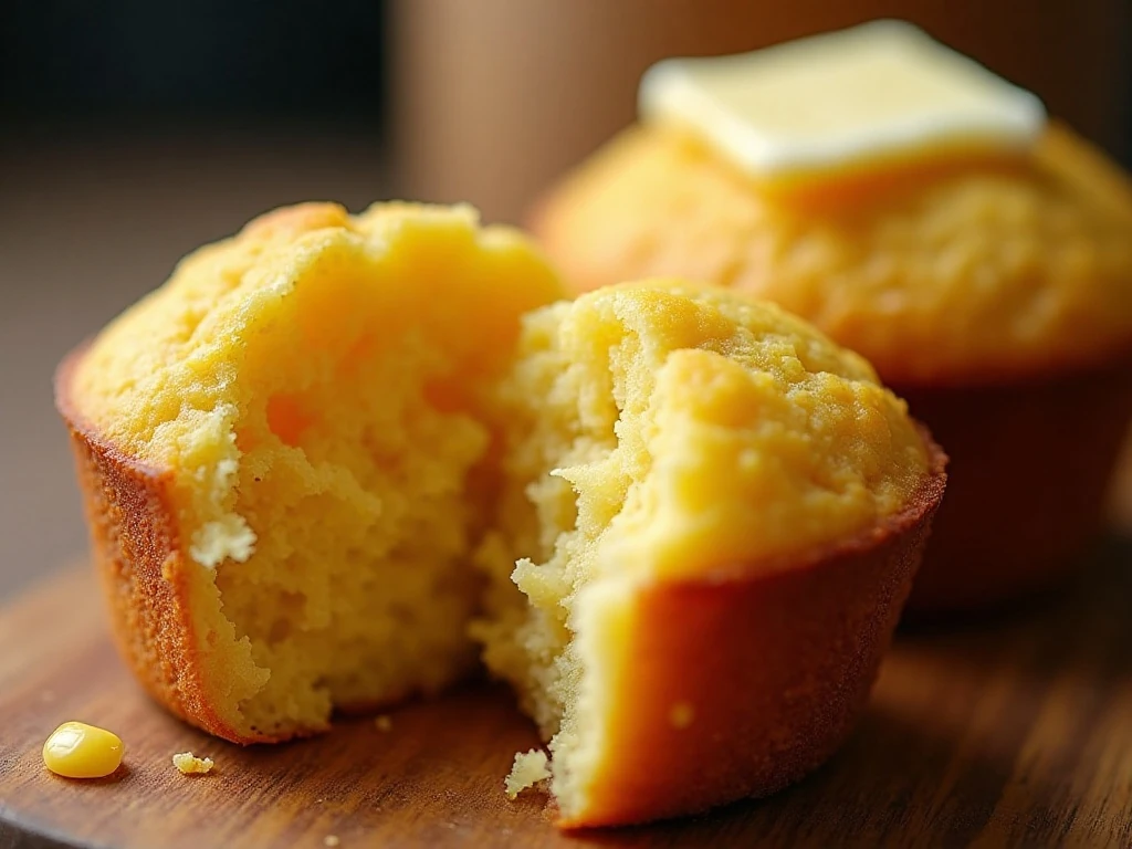 Close-up of tender corn muffin crumb with whole corn kernels