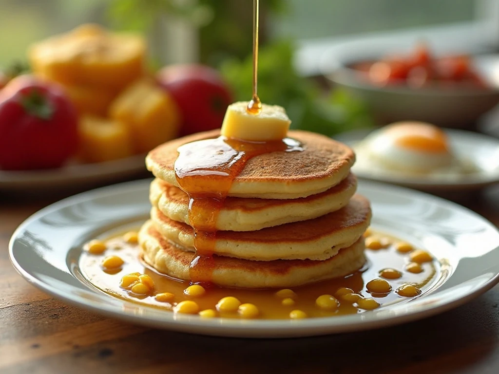 Stack of sweet and savory corn pancakes served with syrup, salsa, and a poached egg