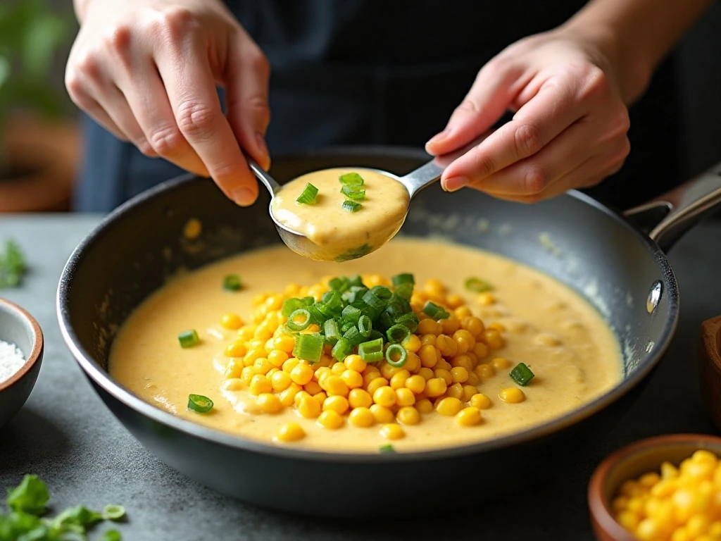 Corn kernels and scallions folded into pancake batter