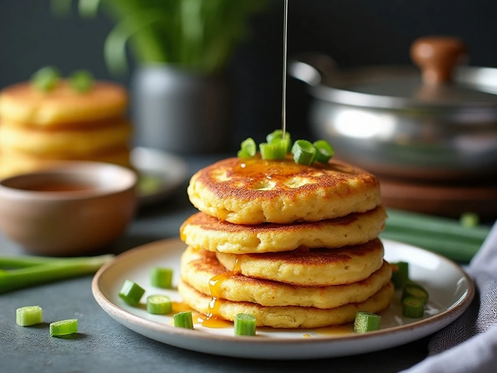 Reheated corn pancakes ready to serve