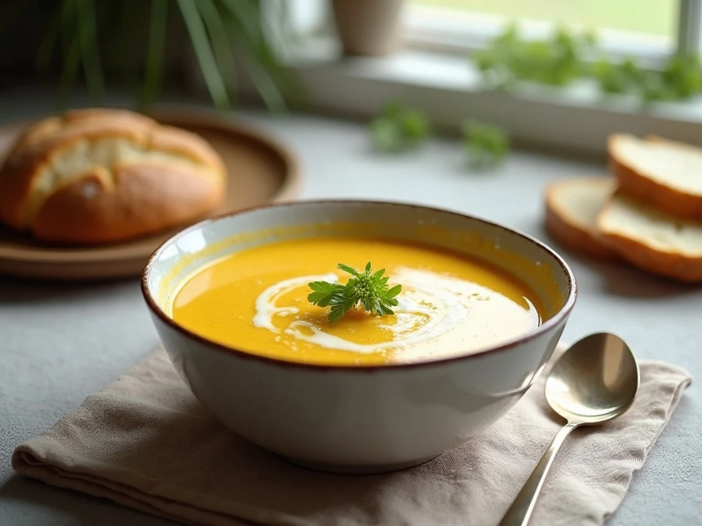 Bowl of creamy golden corn soup served with fresh herbs