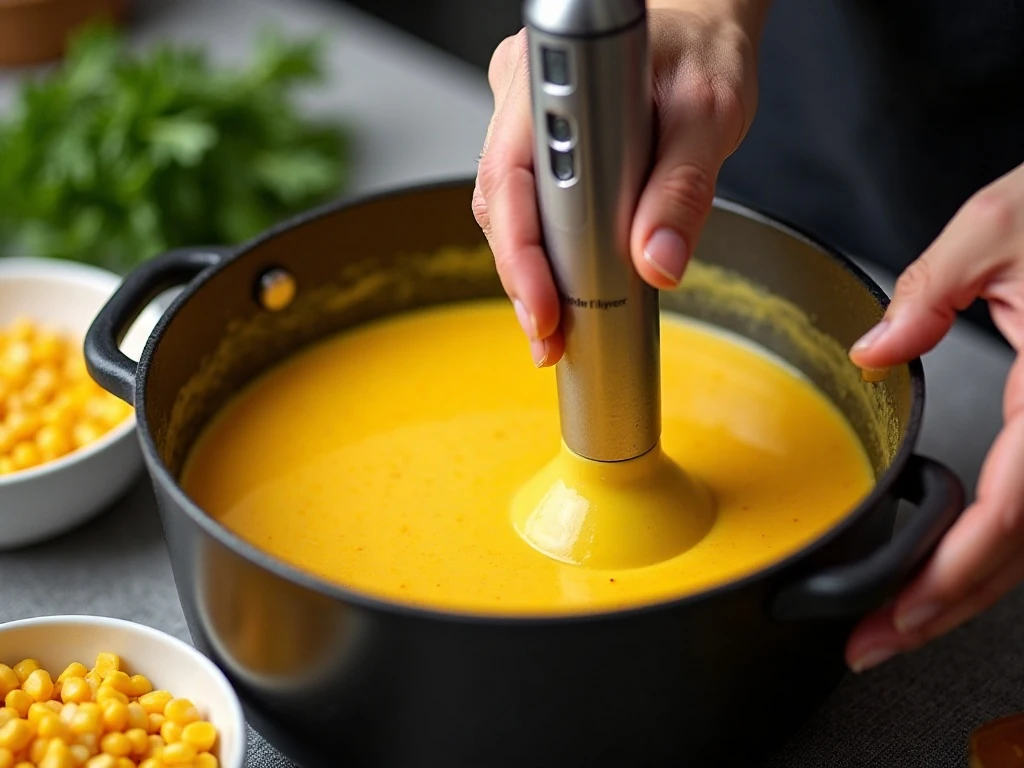 Blending homemade corn soup until smooth