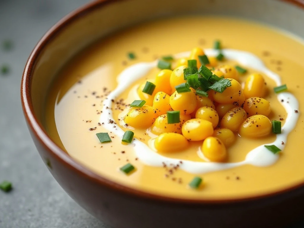Creamy corn soup topped with chives and sautéed corn