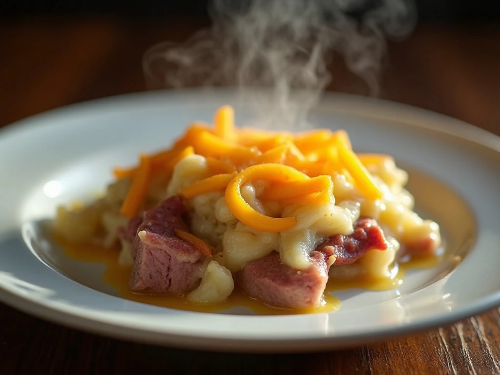 Serving of creamy corned beef and cabbage casserole with melted Cheddar cheese