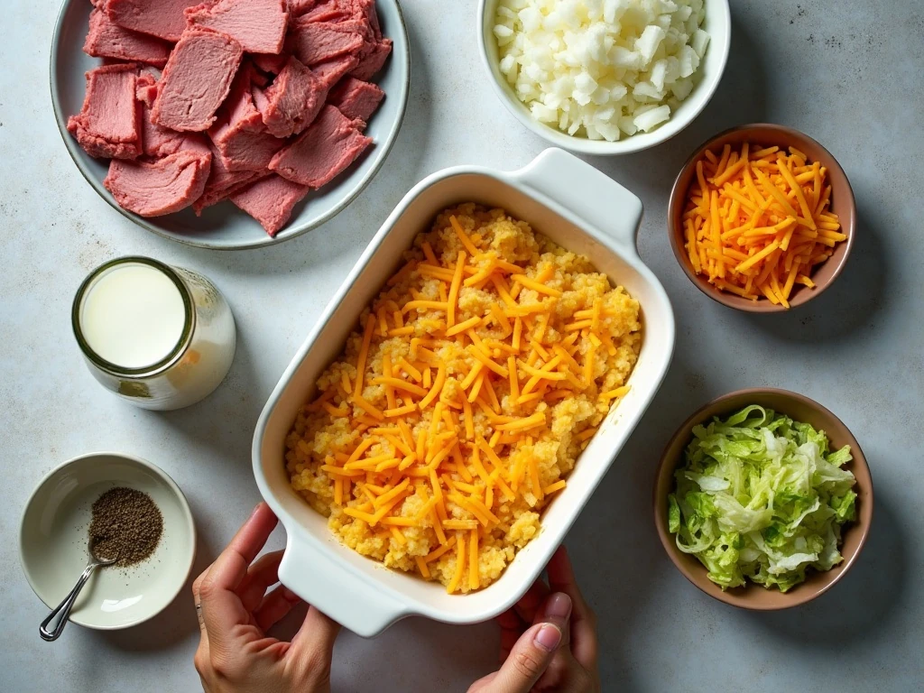 Ingredients for easy corned beef and cabbage casserole