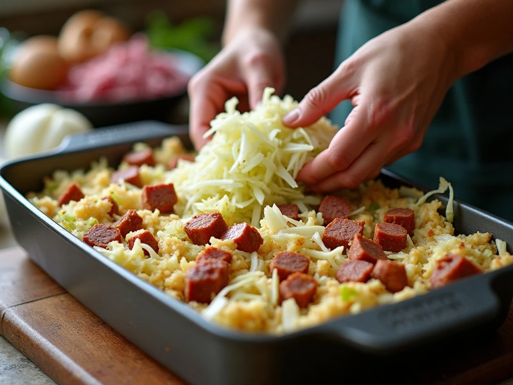 Layering cabbage, onion, and corned beef in a casserole dish