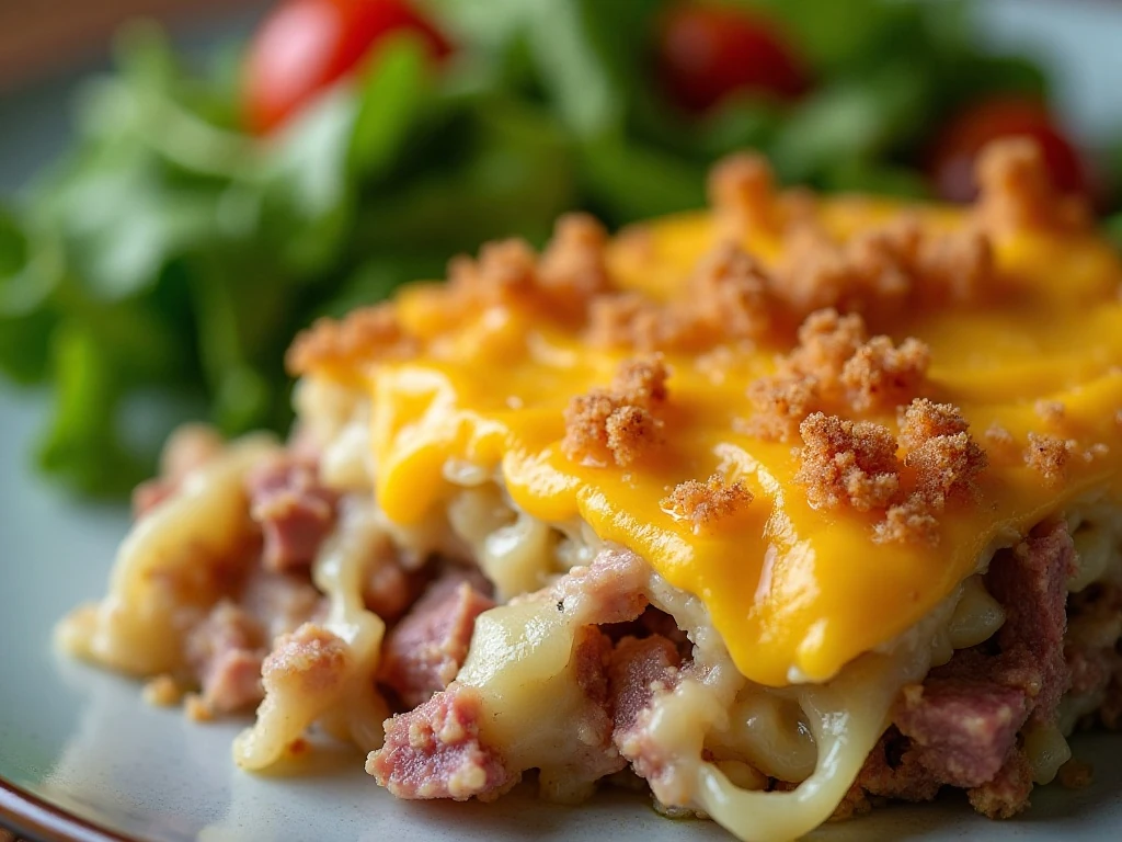 Close-up of cheesy corned beef and cabbage casserole with crunchy topping