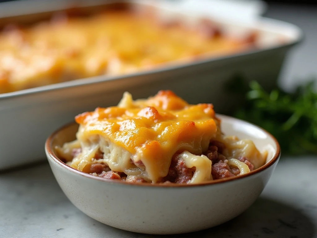 Reheated serving of corned beef and cabbage casserole