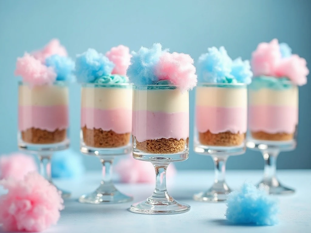 Six colorful cotton candy cheesecake parfaits ready for a party