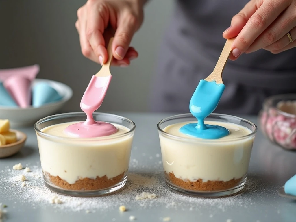 Tinting cheesecake filling pink and blue with gel food coloring