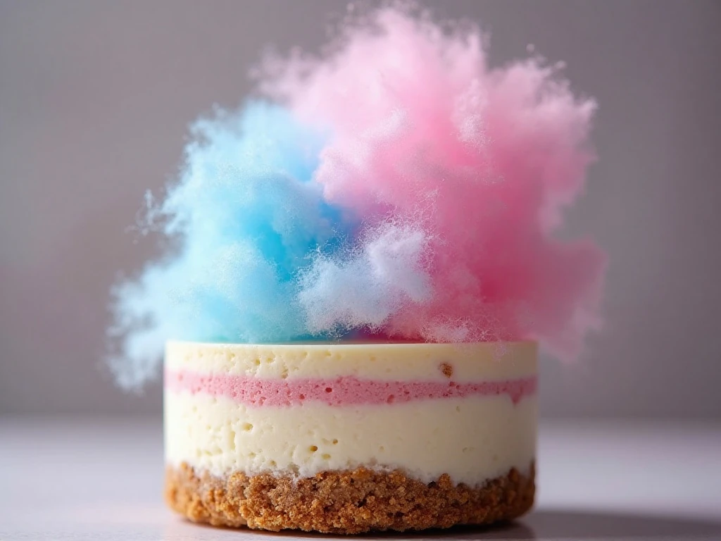 Fresh cotton candy garnish on a cheesecake parfait