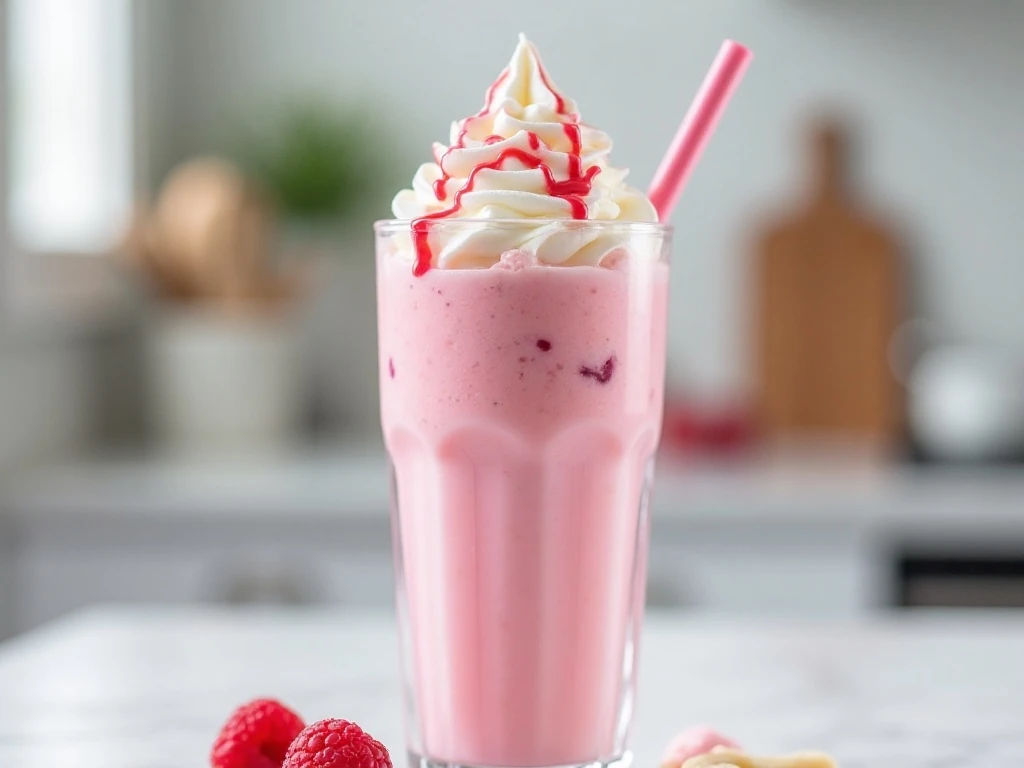 Homemade Starbucks Cotton Candy Frappuccino with whipped cream and raspberry drizzle