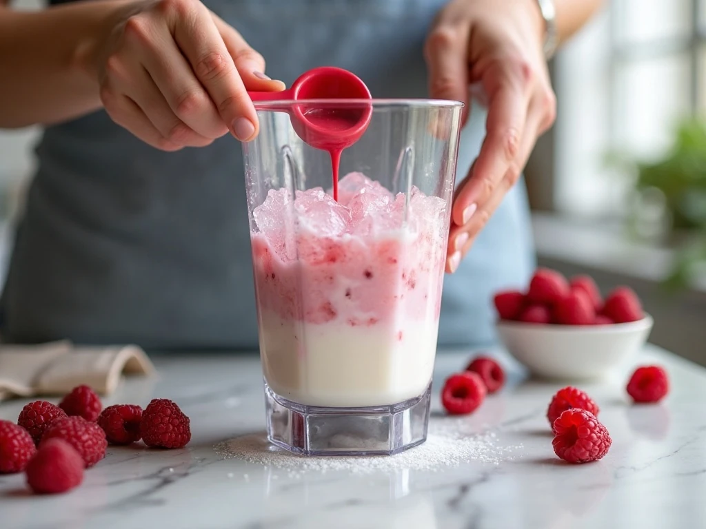 Blending the vanilla raspberry Frappuccino ingredients