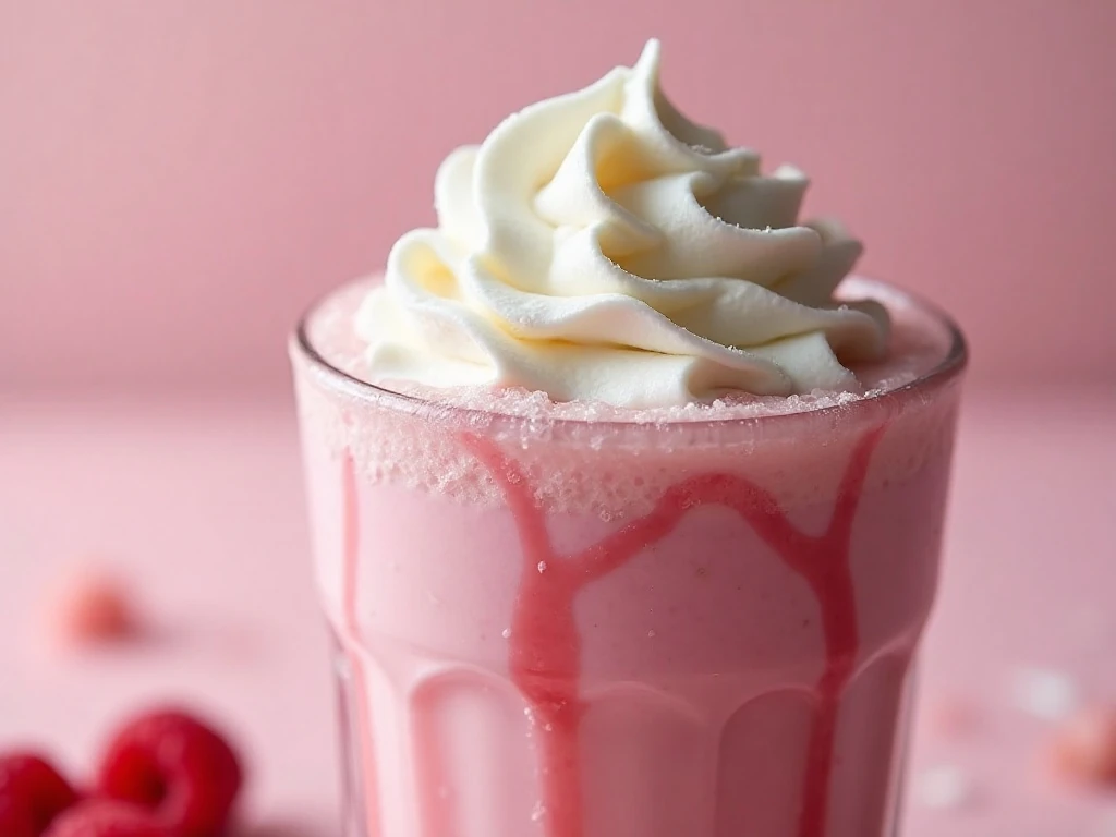 Whipped cream and raspberry drizzle on a Cotton Candy Frappuccino