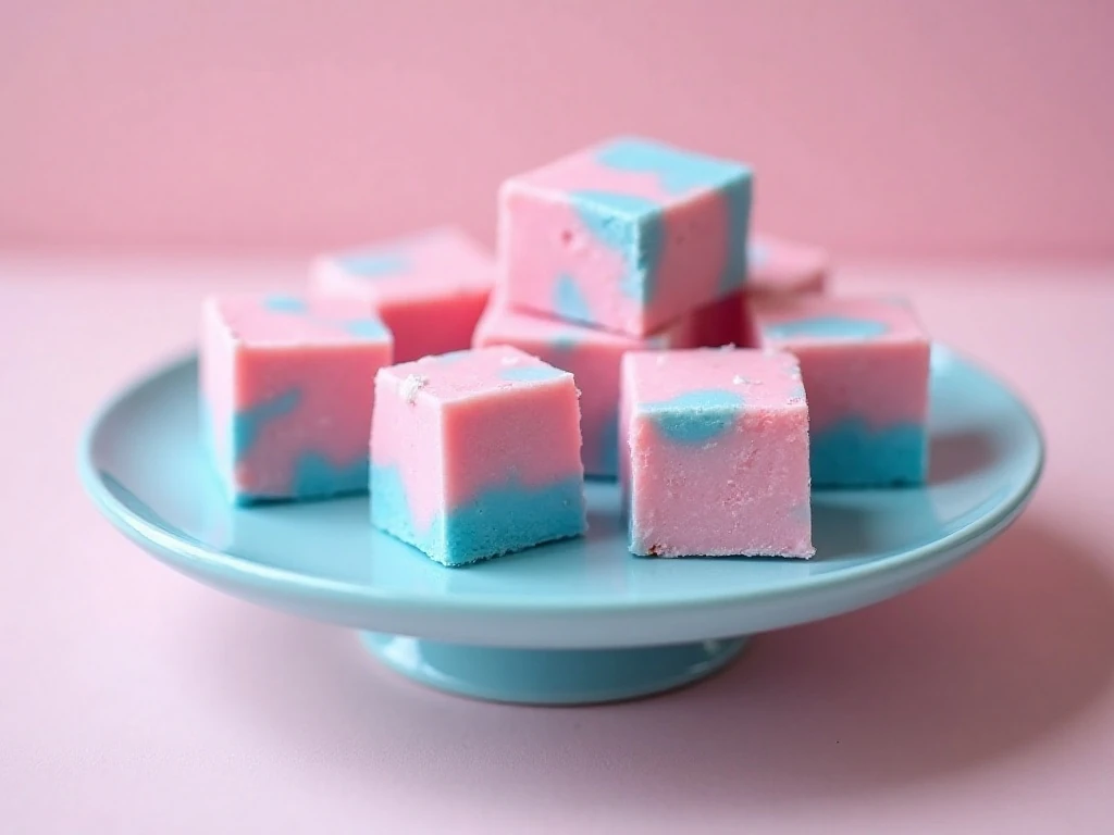Pink and blue cotton candy fudge squares on a serving plate