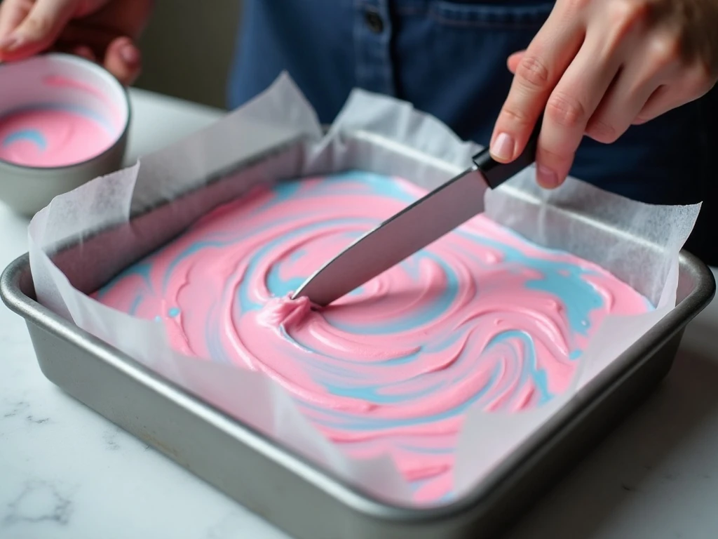 Gently swirling pink and blue fudge mixture