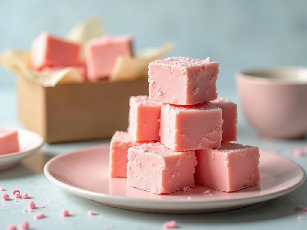 Cotton candy fudge stored between parchment layers