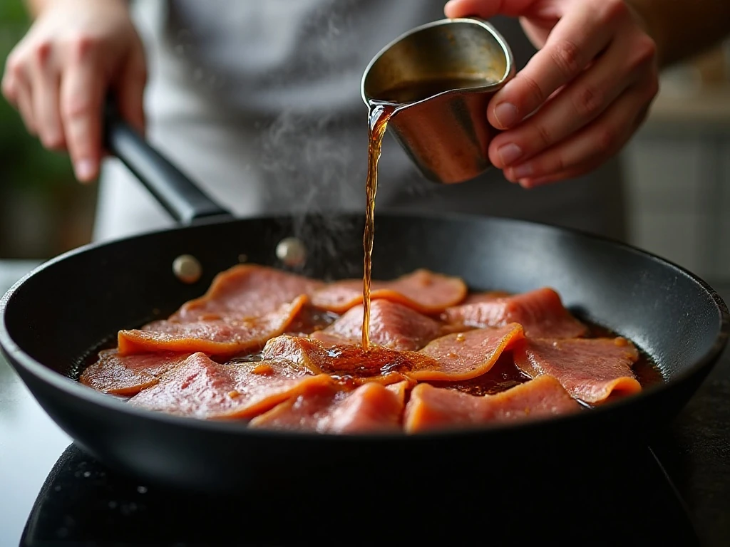 Coffee deglazing browned country ham drippings in a skillet