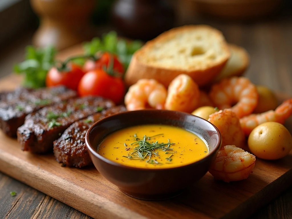Cowboy butter dipping sauce served with steak, shrimp, potatoes, and bread